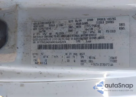 2009 Ford E-250 Commercial/Recreational from USA, damaged, VIN 1FTNE24W49DA45269